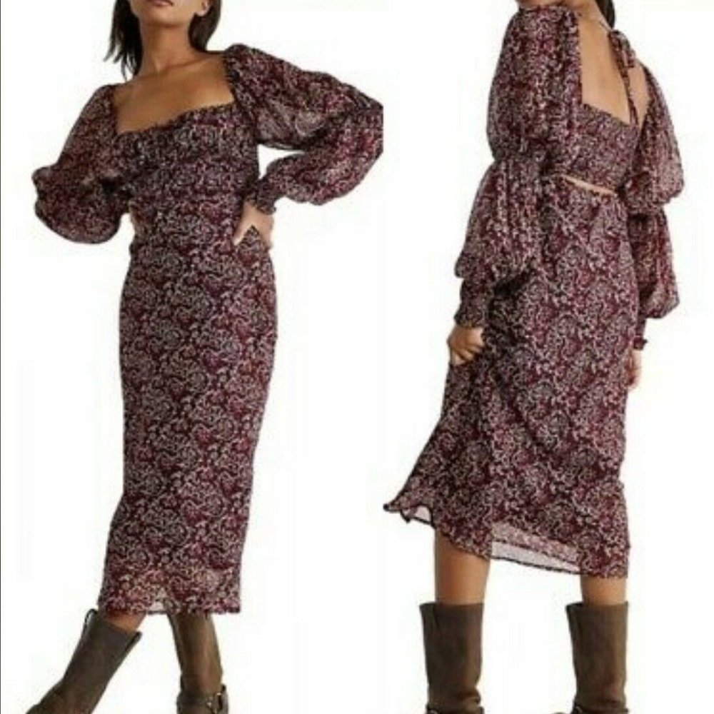 Free People Aglow Cutout Puffed-Sleeve Midi Dress - Chocolate - Size XSmall NWT